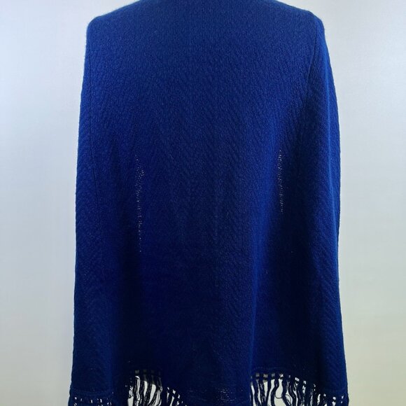 Vintage 70s Blue Button Boho Knit Cape Shawl Sweater Poncho Fringe S/M Folk - Picture 8 of 9